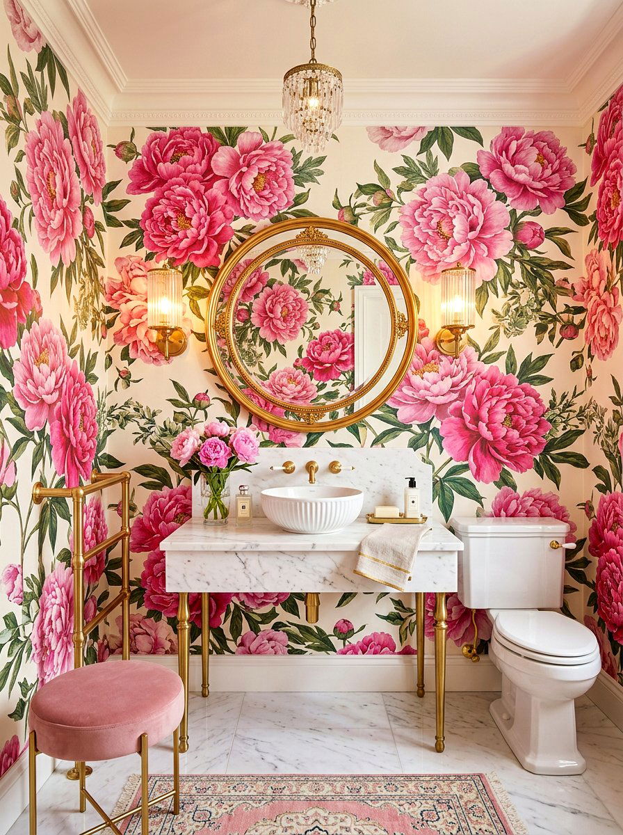 Peony floral wallpaper - 30 floral wallpaper powder room ideas