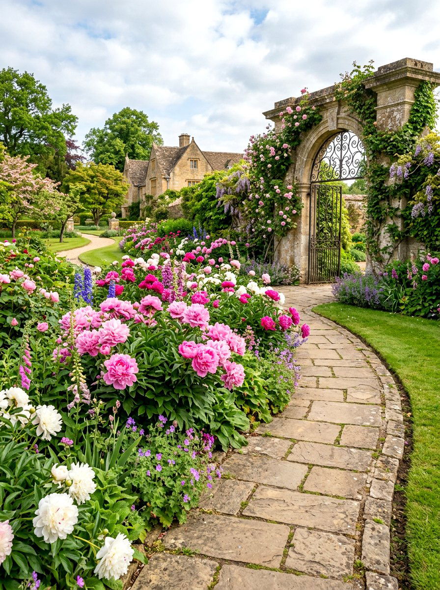 Peony lush garden border - 30 walkway border planting ideas