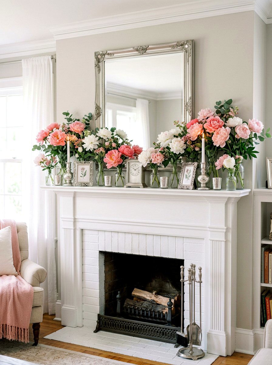 Peony mantel - 30 summer mantel decor ideas