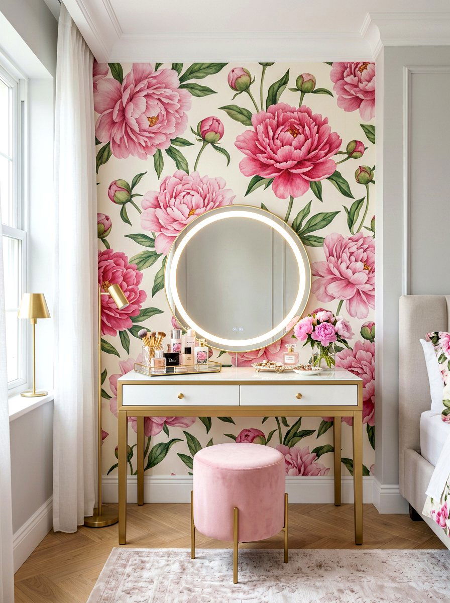 Peony print makeup vanity - 30 garden print wallpaper ideas
