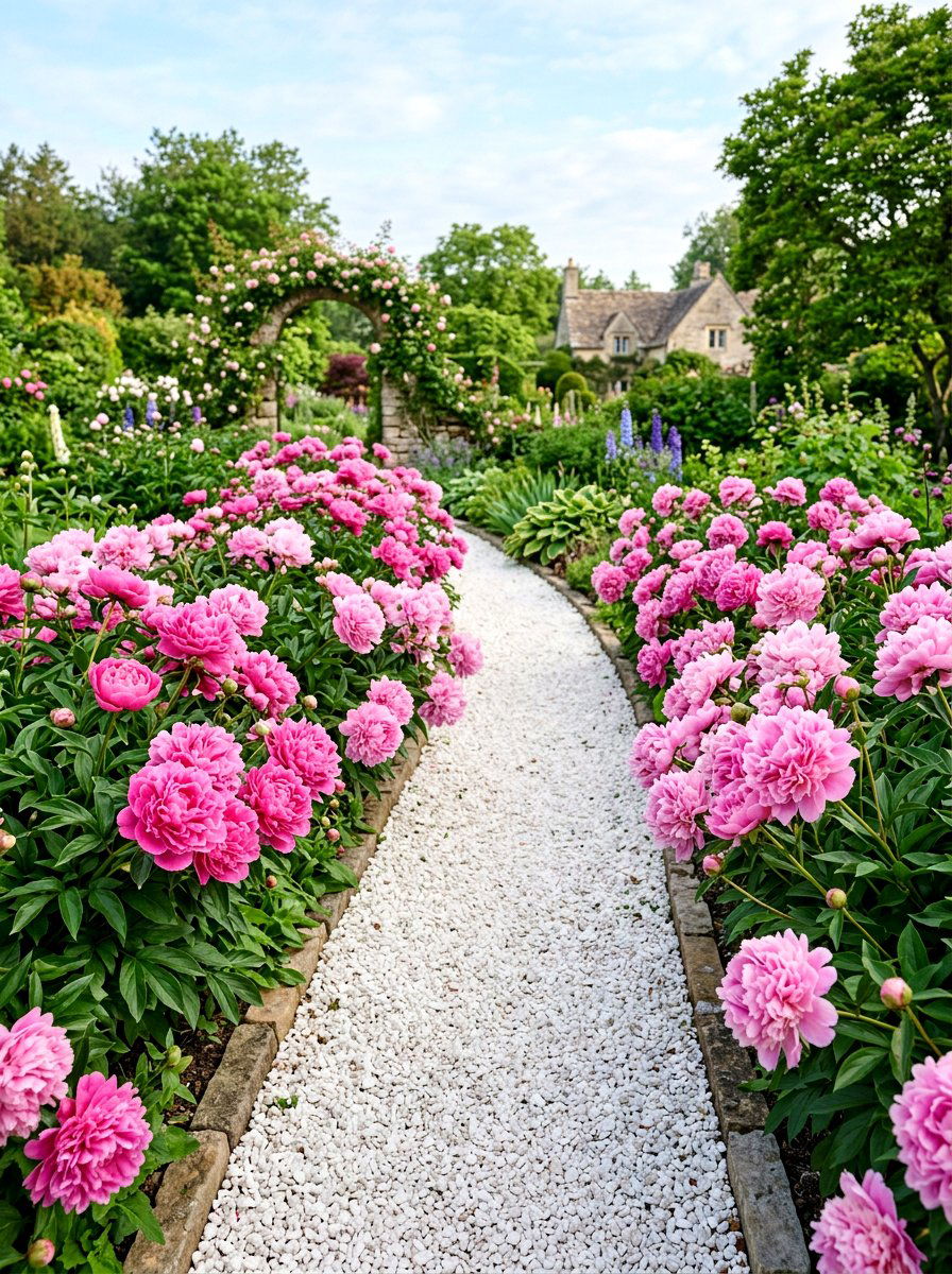 Peony walkway border - 30 front path flower bed ideas