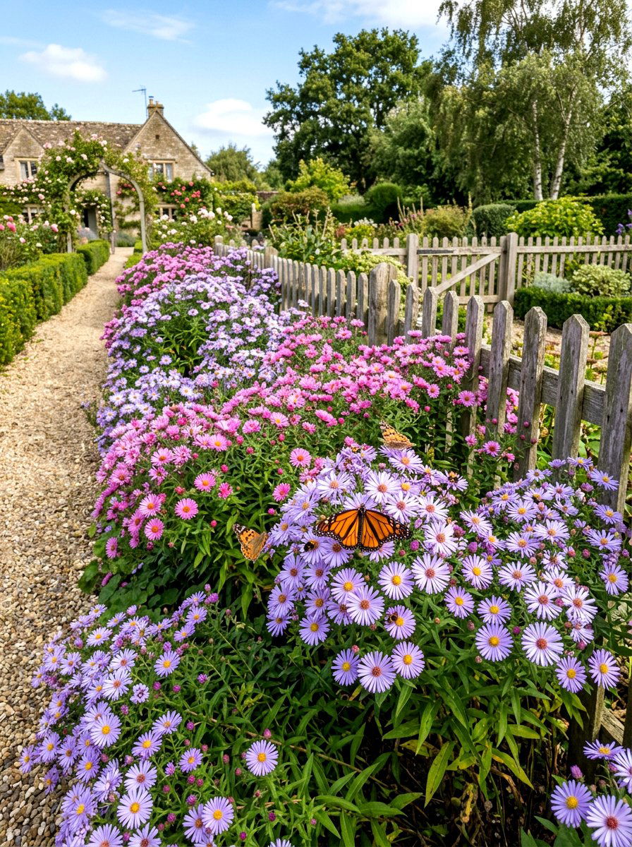 Perennial aster border - 30 fall garden ideas