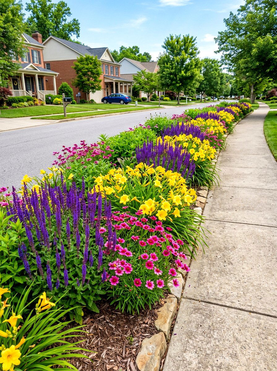 Perennial flower sidewalk border - 30 curbside planting strip ideas