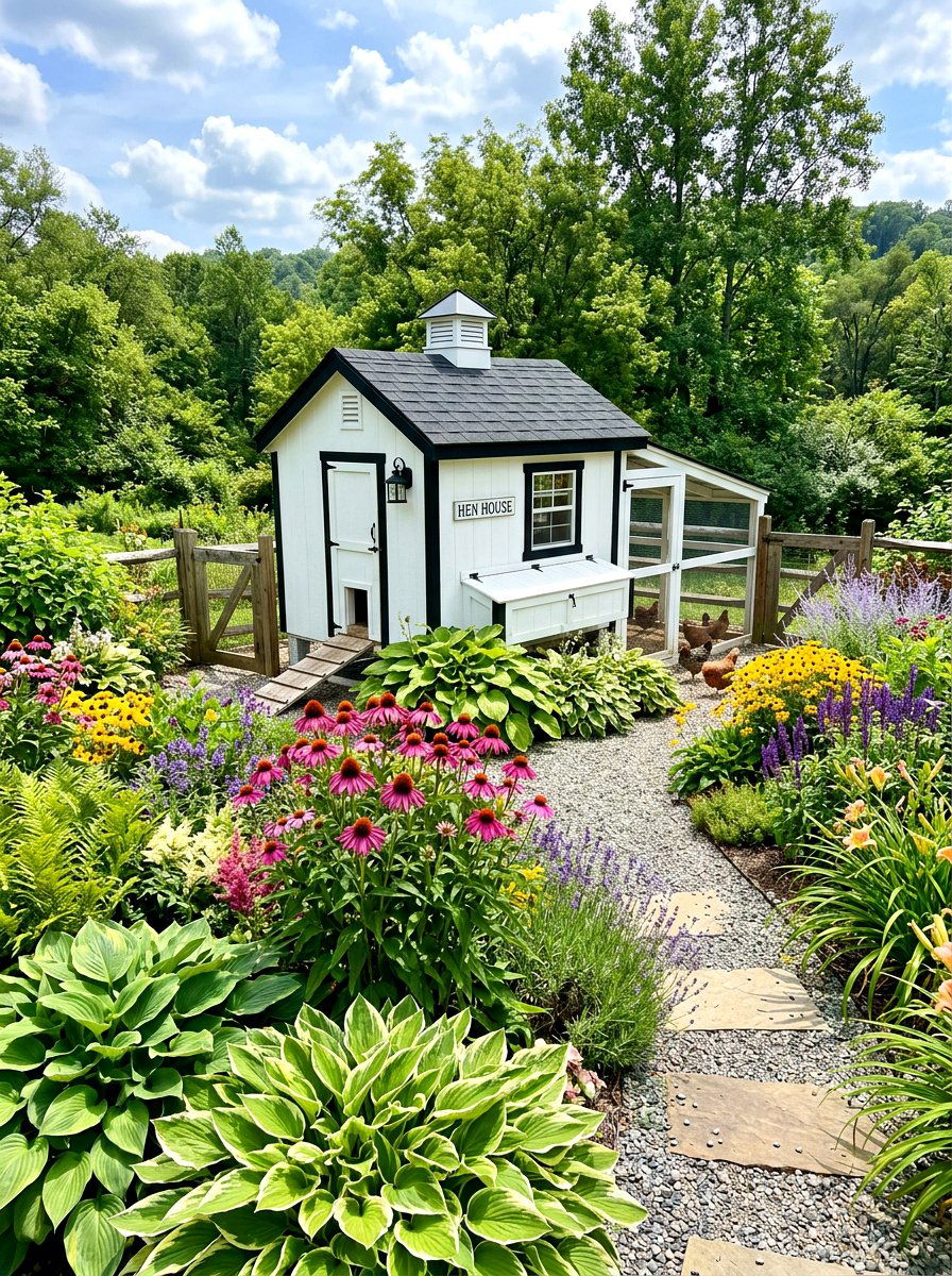 Perennial garden around chicken coop - 30 backyard coop garden ideas