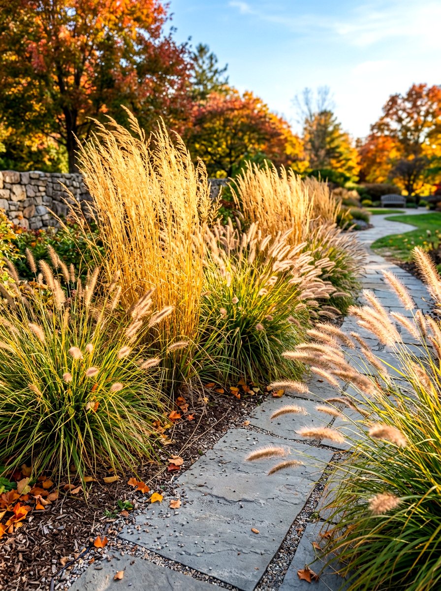 Perennial ornamental grass border - 30 sidewalk garden ideas