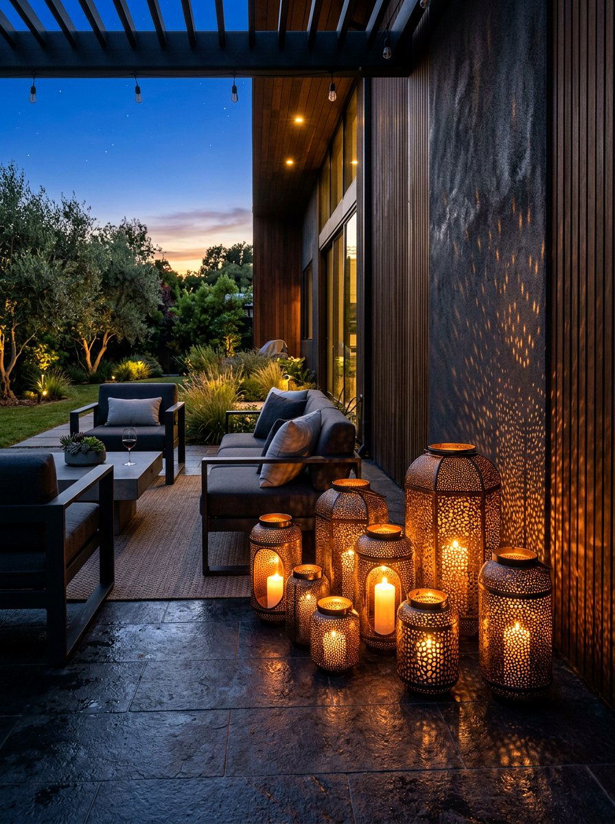 Perforated metal lanterns - 30 lantern patio cluster ideas