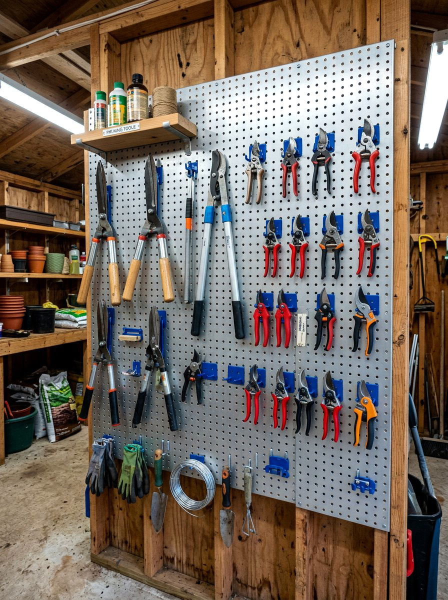Perforated metal tool wall - 30 garden tool wall ideas