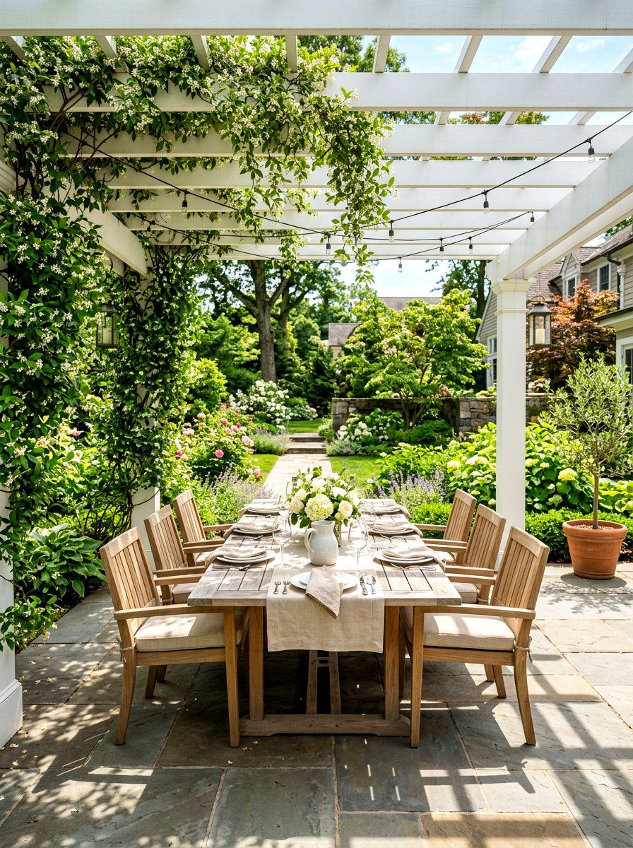 Pergola Covered Backyard Dining - 30 Nancy Meyers outdoor dining ideas