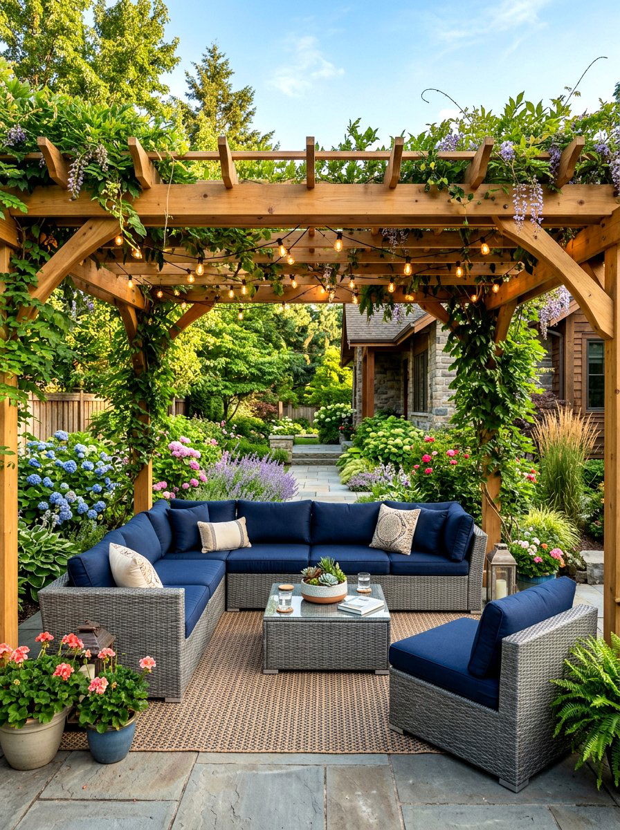 Pergola Covered Conversation Set - 30 backyard entertaining zone ideas