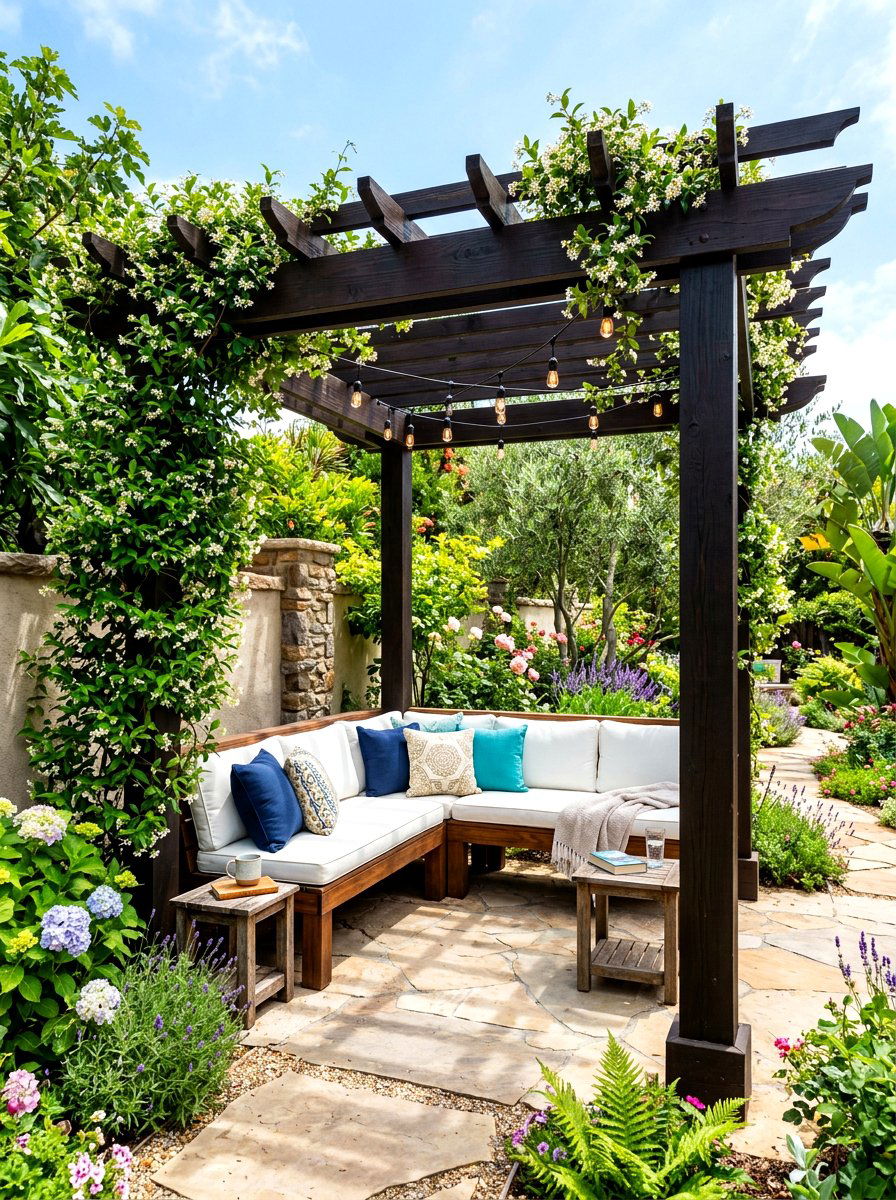 Pergola Covered Corner Seating - 30 deck corner seating ideas