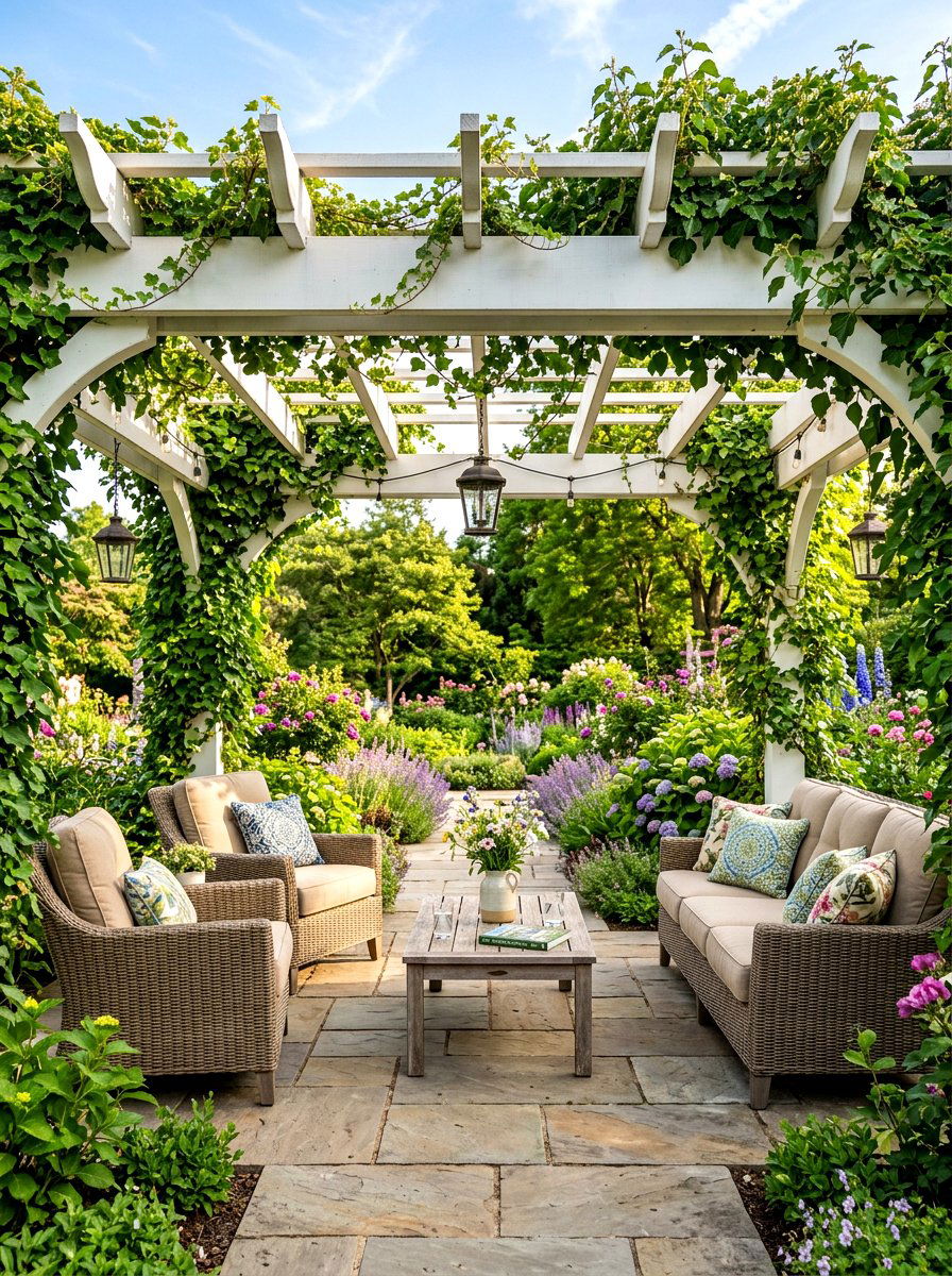 Pergola Covered Seating Area - 30 tea garden seating ideas