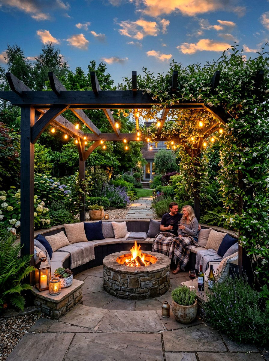 Pergola Covered Seating Pit - 30 backyard conversation pit ideas