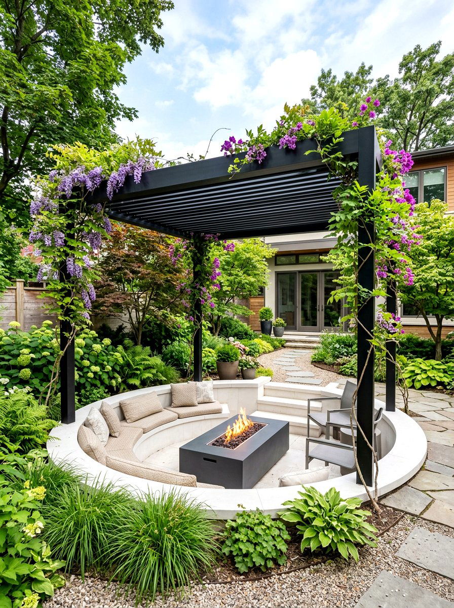 Pergola Covered Sunken Pit - 30 conversation pit patio ideas