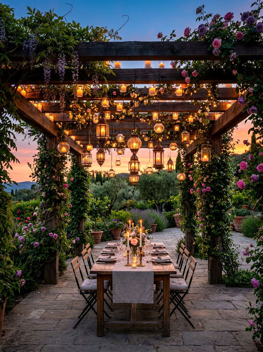 Pergola Draped With Candles - 30 candlelit garden dinner ideas