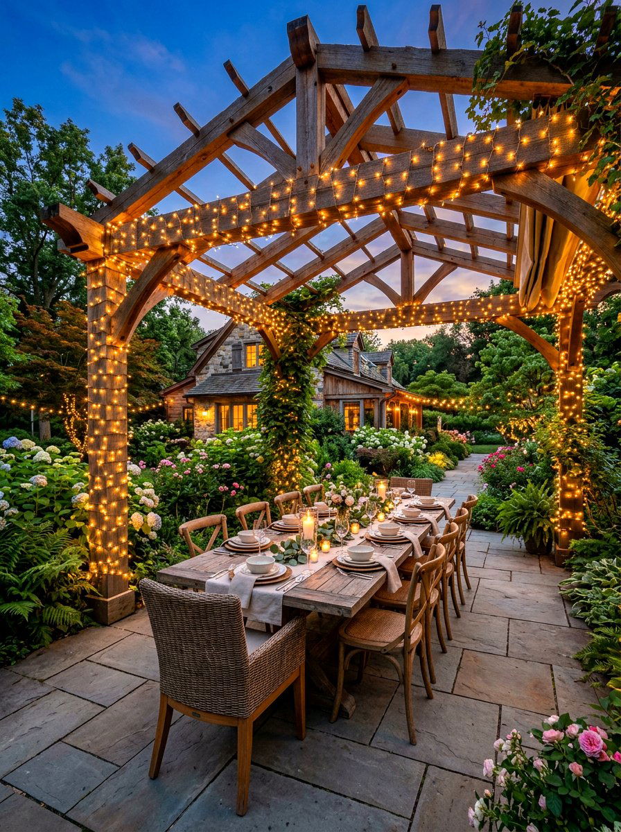 Pergola Fairy Light Patio - 30 starlit patio ideas