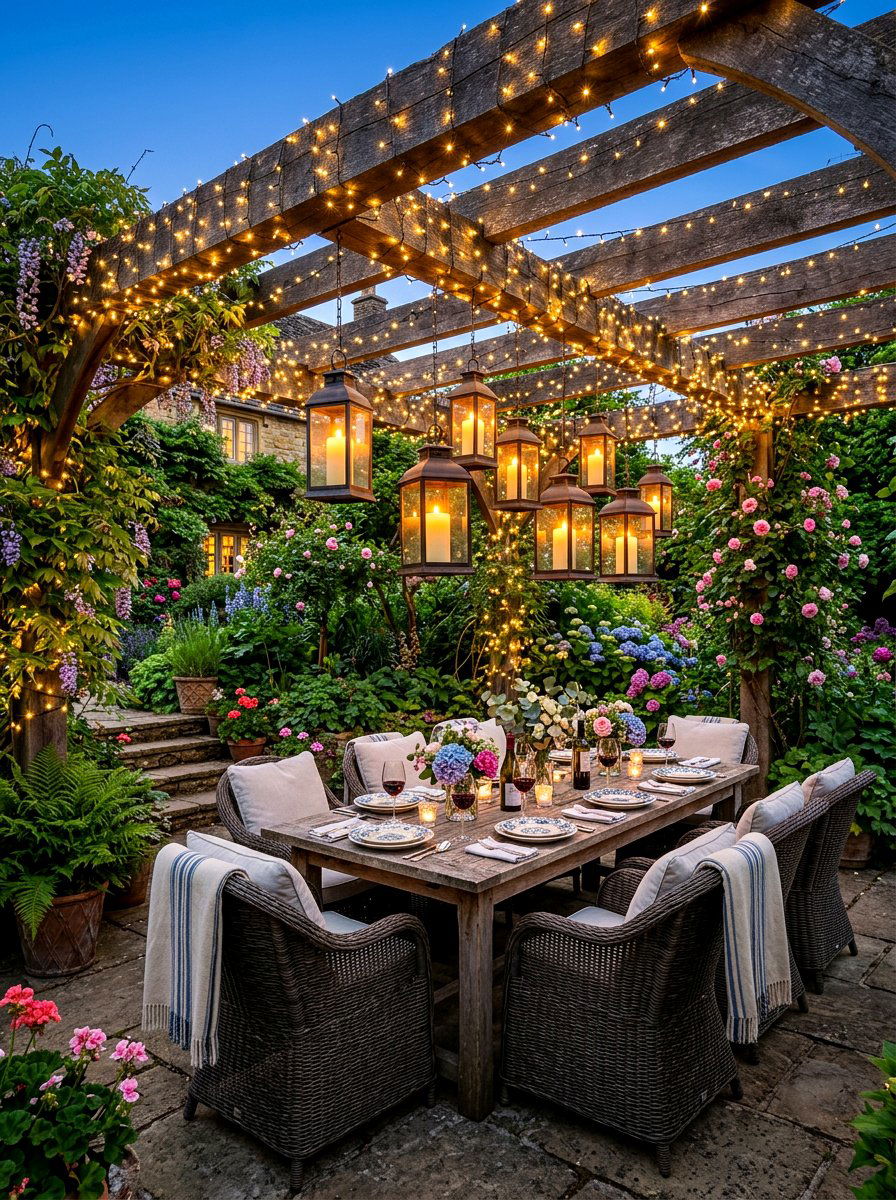 Pergola Fairy Lights - 30 backyard candlelight dinner ideas
