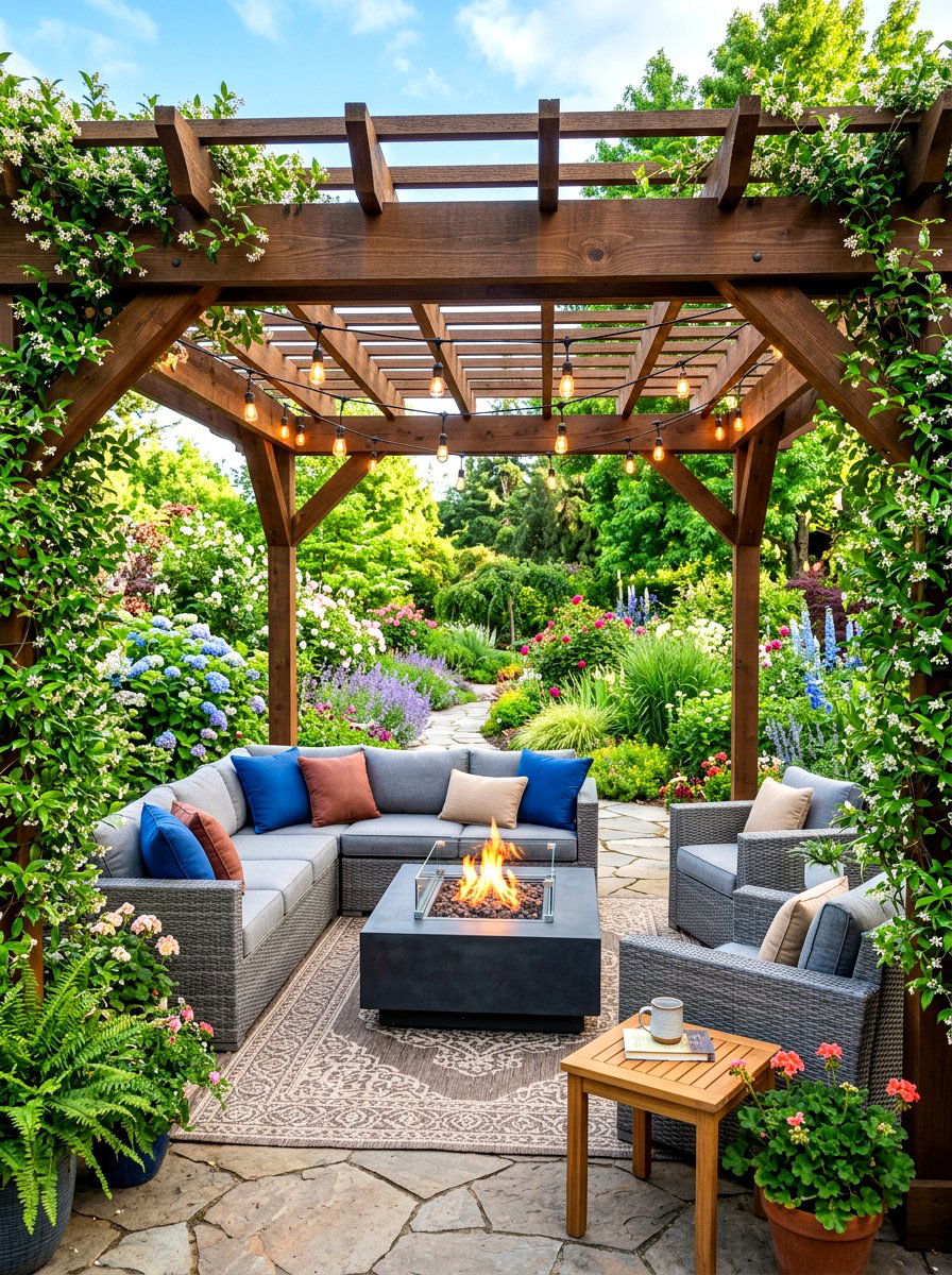 Pergola Fire Table Area - 30 fire table patio ideas