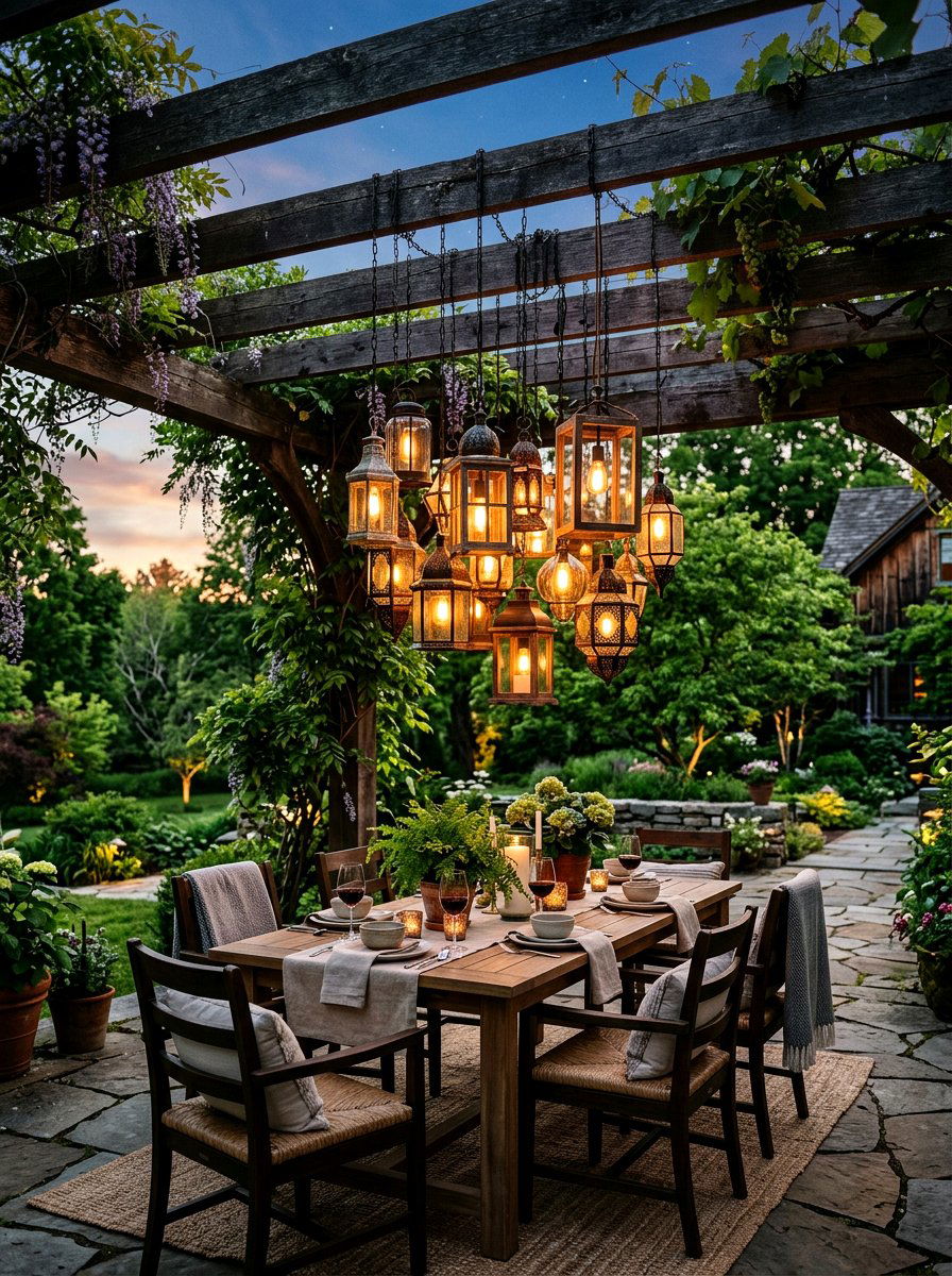 Pergola Lantern Cluster - 30 lantern cluster patio ideas