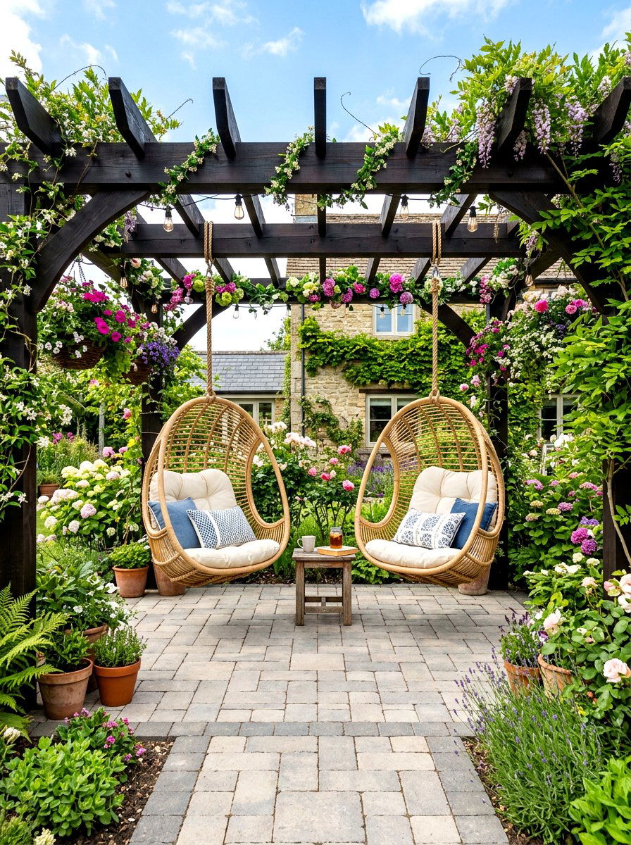Pergola Mounted Swing Patio - 30 hanging chair patio ideas
