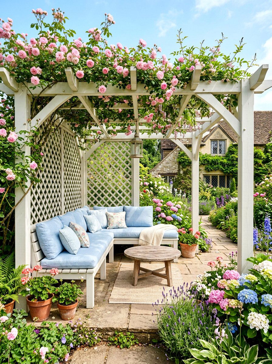 Pergola Seating Area - 30 built in bench backyard ideas