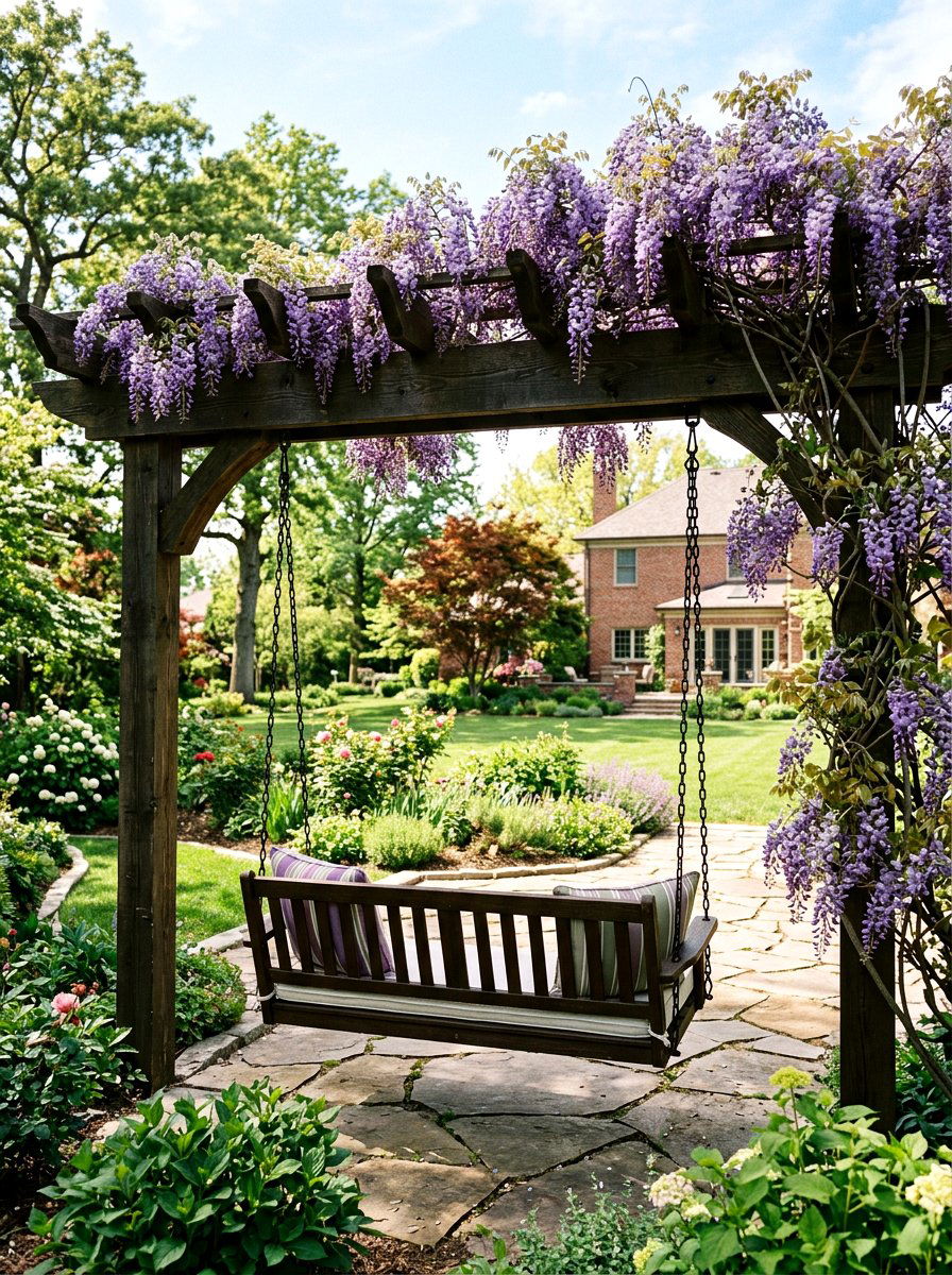 Pergola Swing Bench - 30 outdoor bench ideas