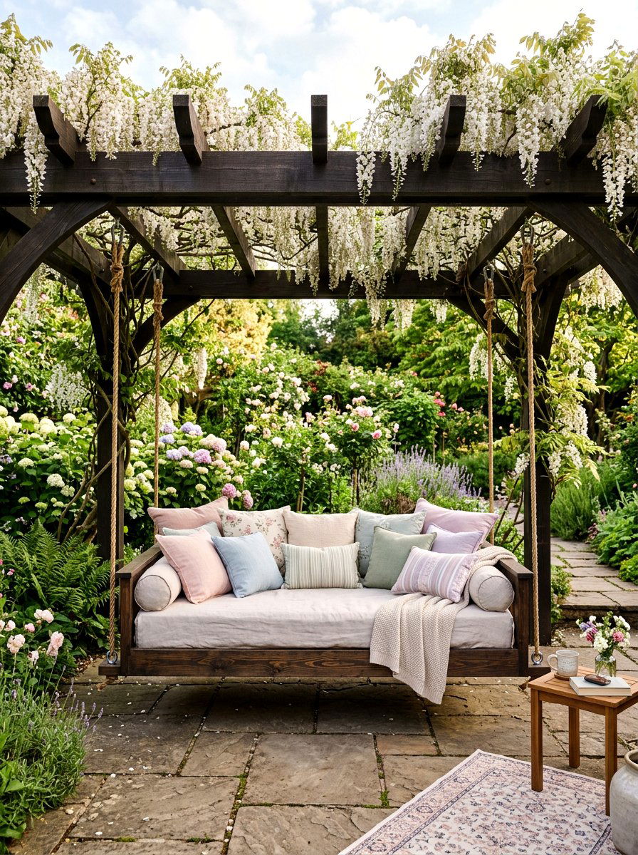 Pergola Swing - 30 plush patio seating ideas