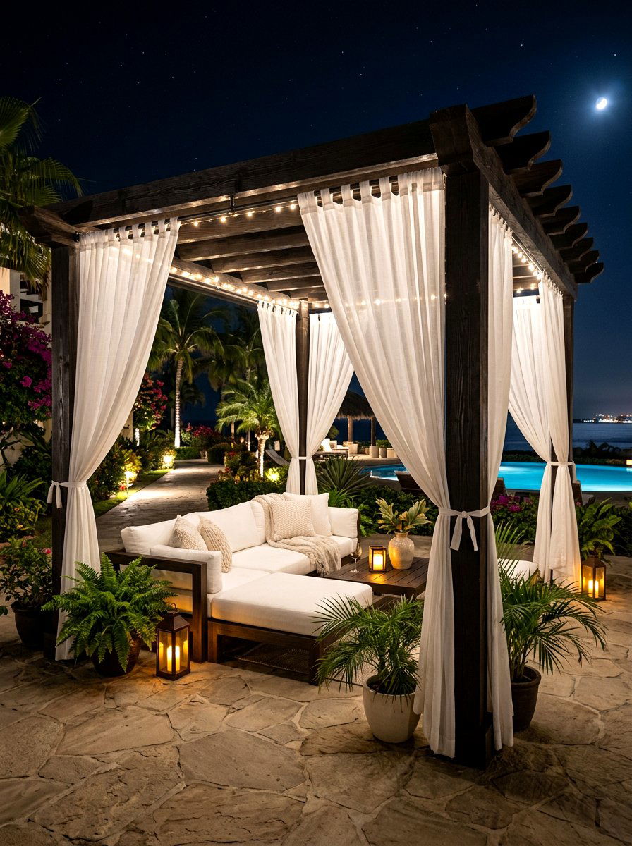 Pergola White Curtains - 30 moonlight patio garden ideas