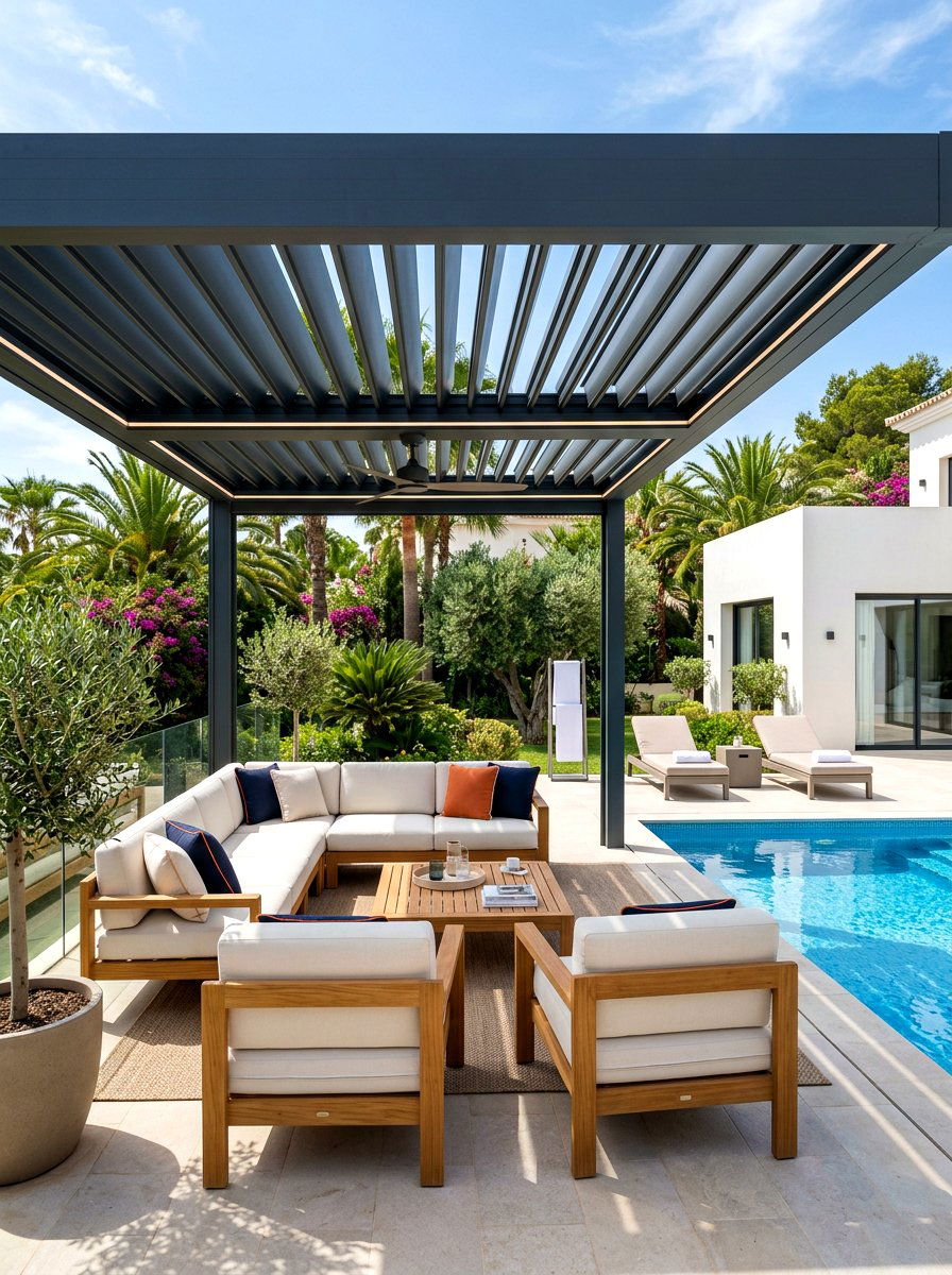 Pergola With Adjustable Louvers - 30 poolside privacy screen ideas