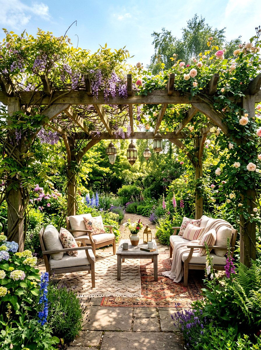 Pergola With Climbing Vines - 30 Mediterranean patio lounge ideas