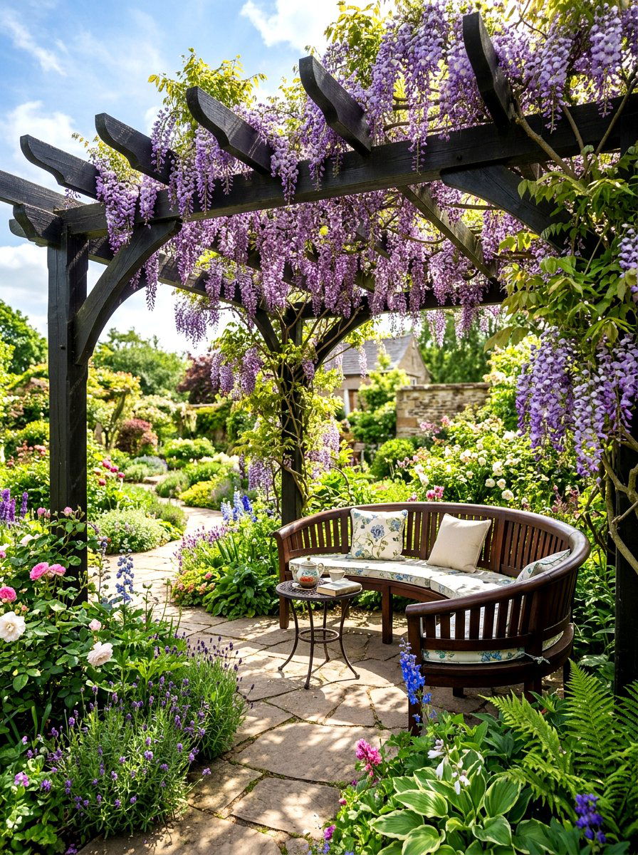 Pergola With Curved Garden Seating - 30 curved bench garden ideas