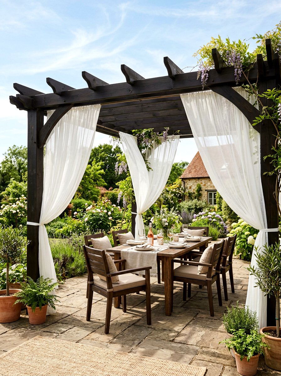 Pergola With Flowing Curtain - 30 sunset inspired patio ideas