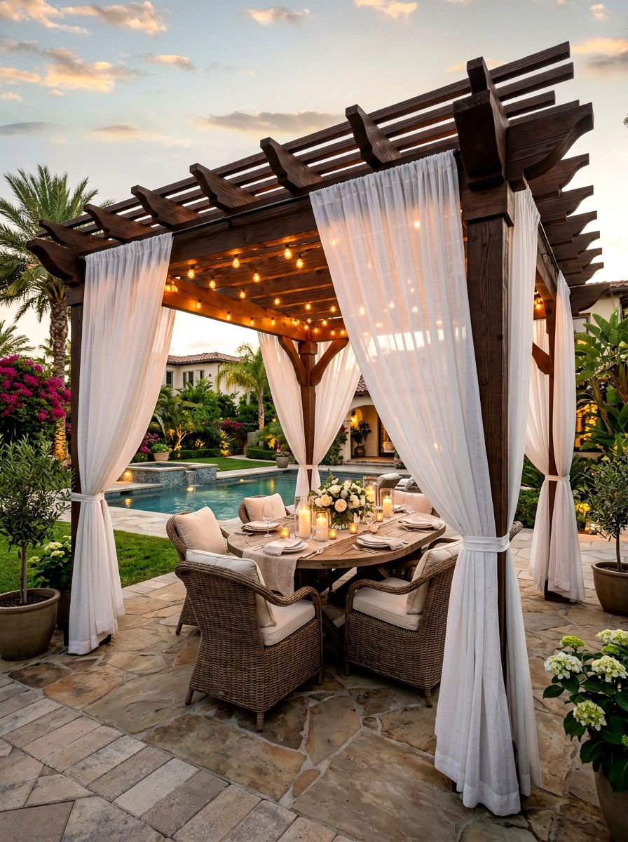 Pergola With Outdoor Curtains - 30 backyard dining pergola ideas