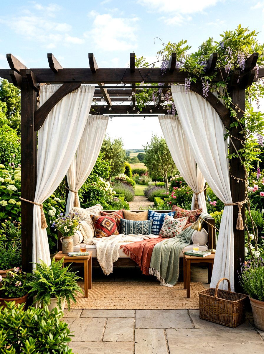 Pergola With Outdoor Curtains - 30 shaded backyard ideas