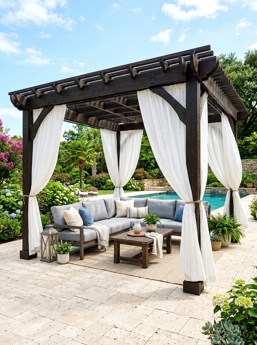 Pergola With Outdoor Curtains - 30 attached pergola ideas