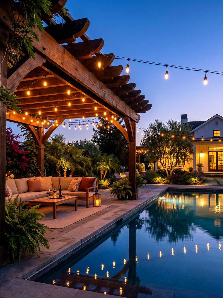 Pergola With Outdoor String Lights - 30 poolside pergola lounge ideas