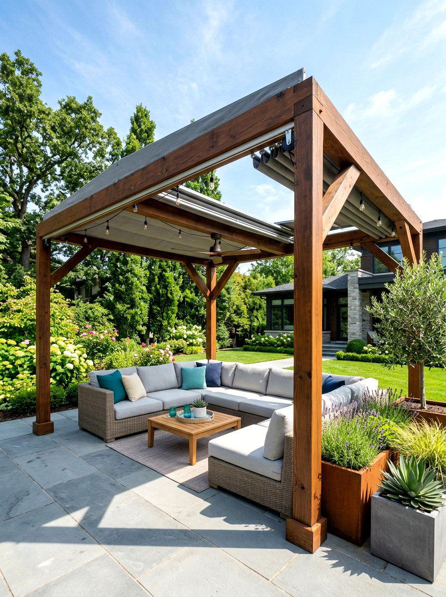 Pergola With Retractable Canopy - 30 backyard lounge zone ideas