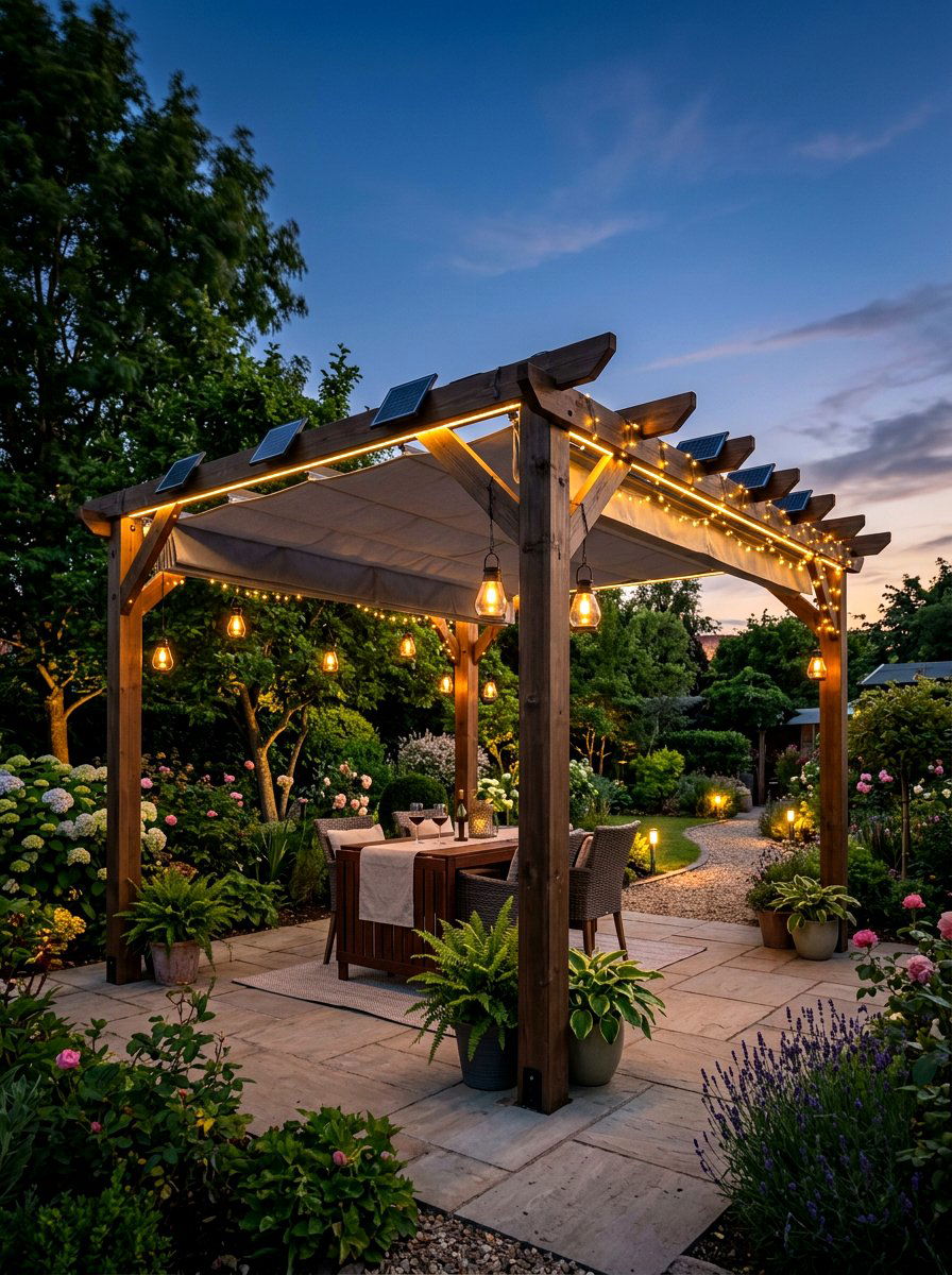 Pergola With Solar Lights - 30 retractable canopy patio ideas
