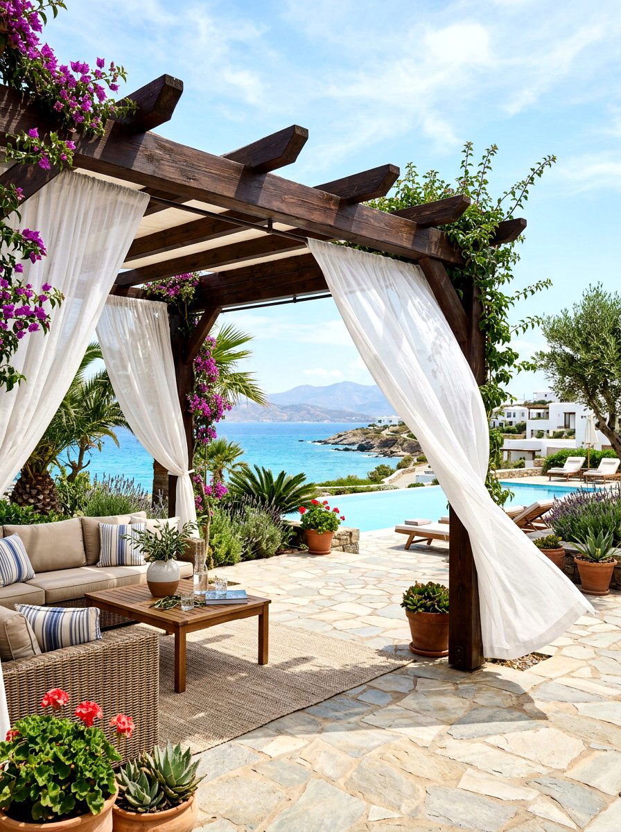 Pergola With White Curtains - 30 Tuscan patio ideas