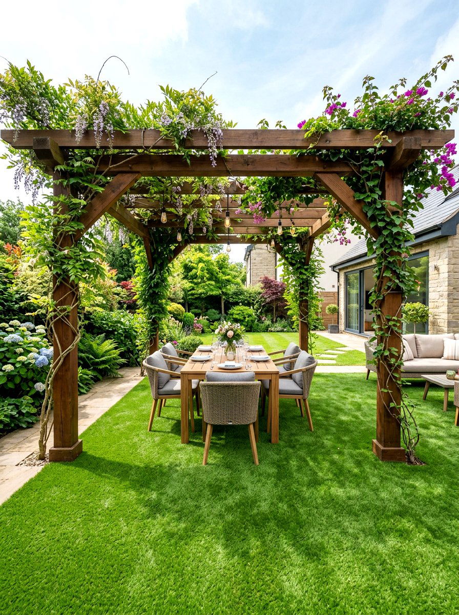 Pergola artificial grass floor - 30 artificial turf backyard ideas