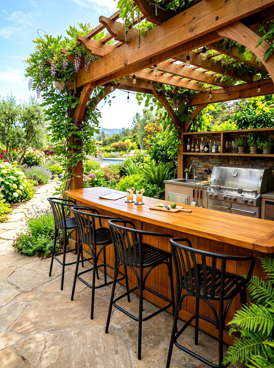 Pergola bar stools - 30 pergola seating ideas