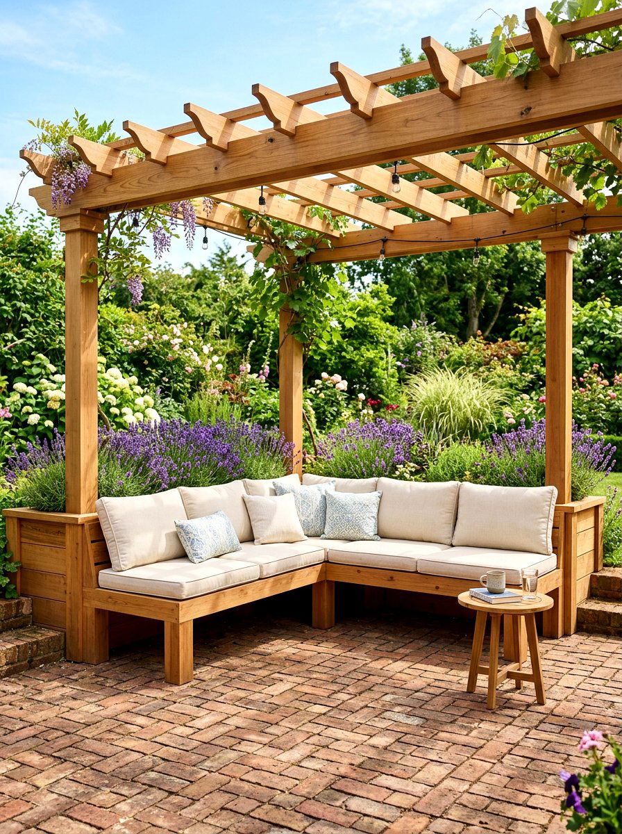 Pergola built in bench - 30 pergola seating ideas