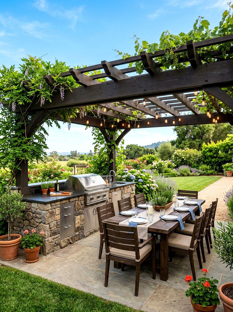 Pergola covered bbq area - 30 family BBQ patio ideas