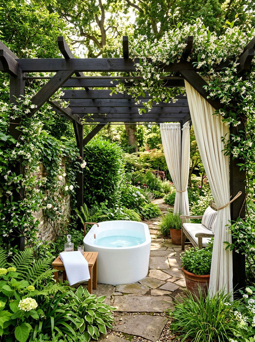 Pergola covered cold plunge - 30 cold plunge backyard retreat ideas