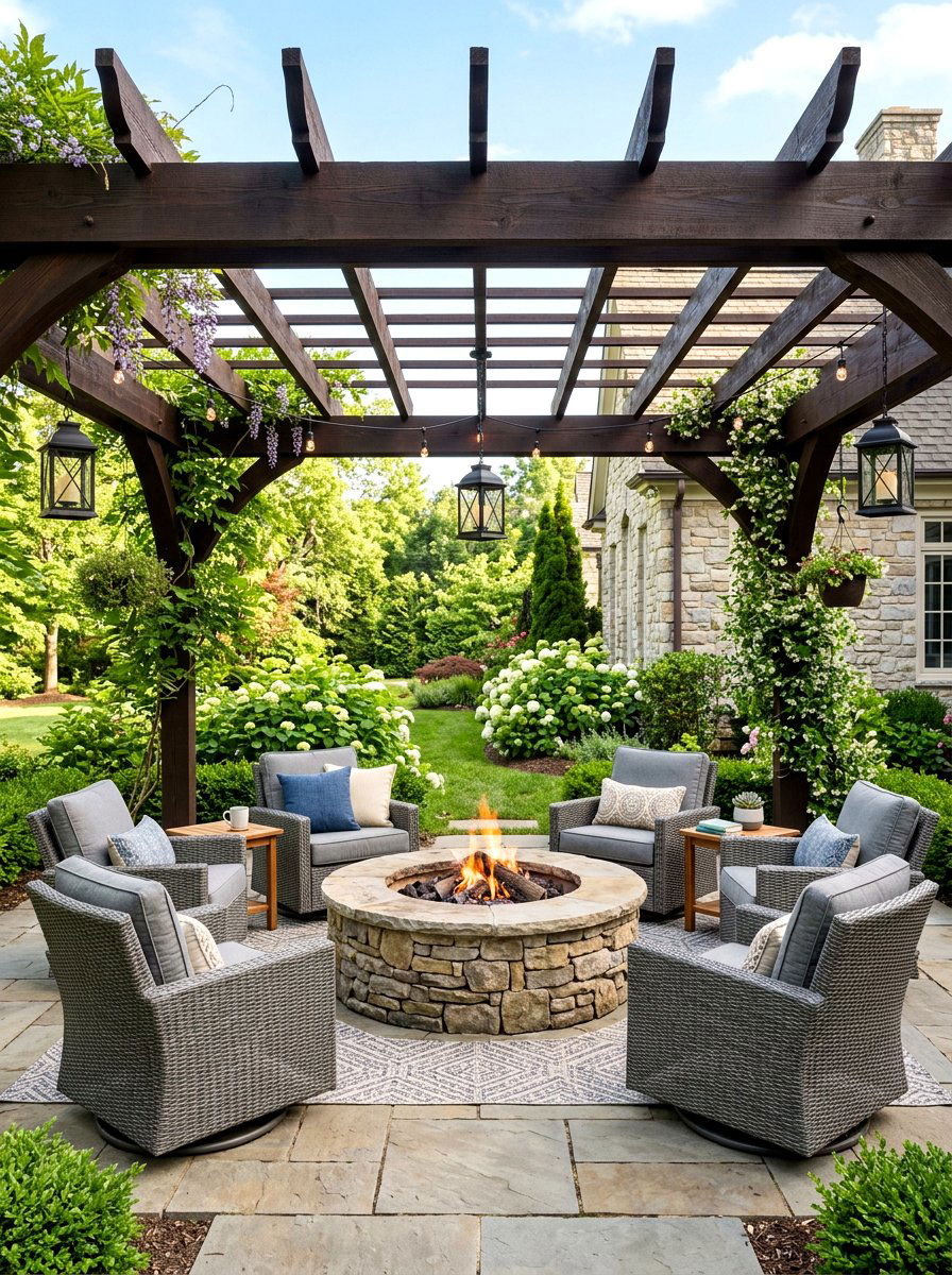 Pergola covered fire pit - 30 backyard fireplace seating ideas