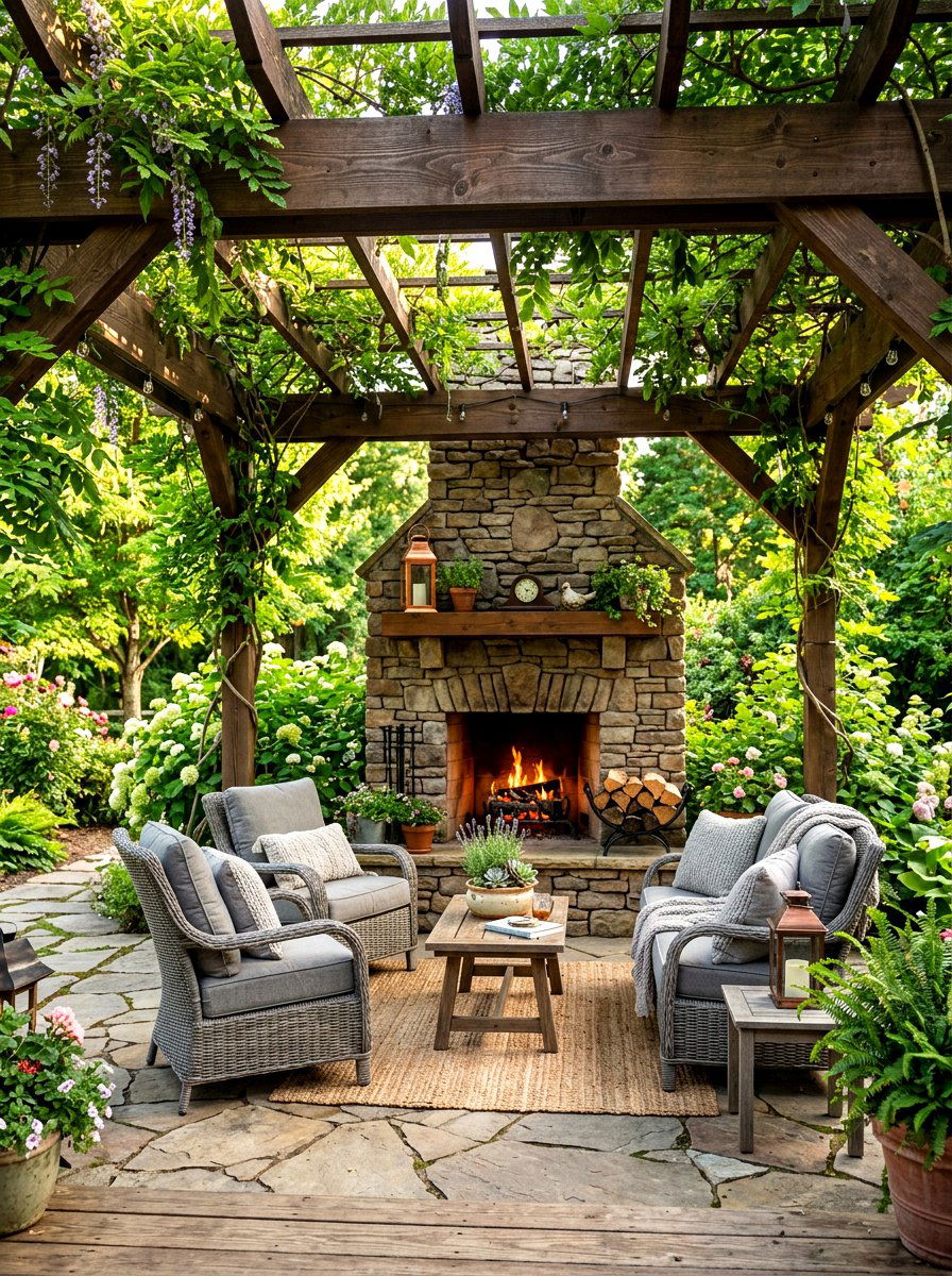 Pergola covered fireplace patio - 30 patio fireplace lounge ideas