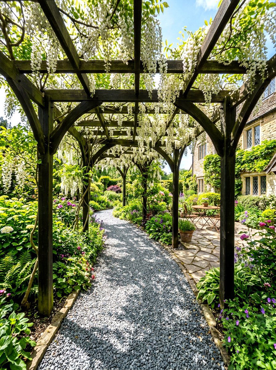 Pergola covered gravel path - 30 gravel path backyard ideas