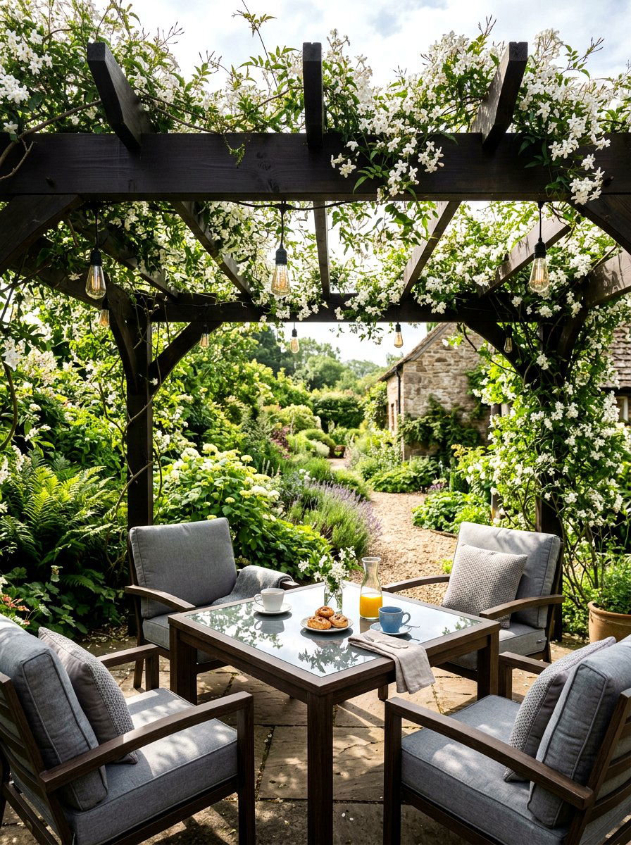 Pergola covered morning spot - 30 patio breakfast area ideas