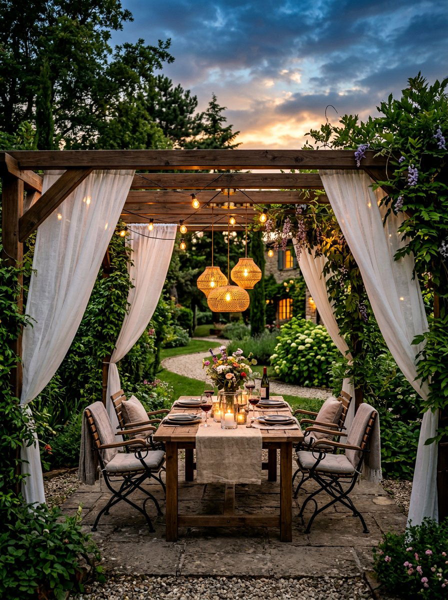 Pergola curtain patio - 30 twilight patio decor ideas