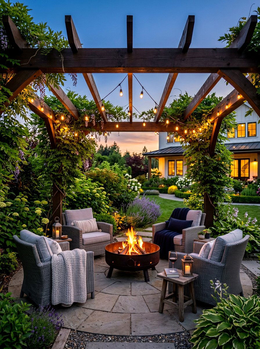 Pergola fire pit area - 30 fire pit lounge ideas