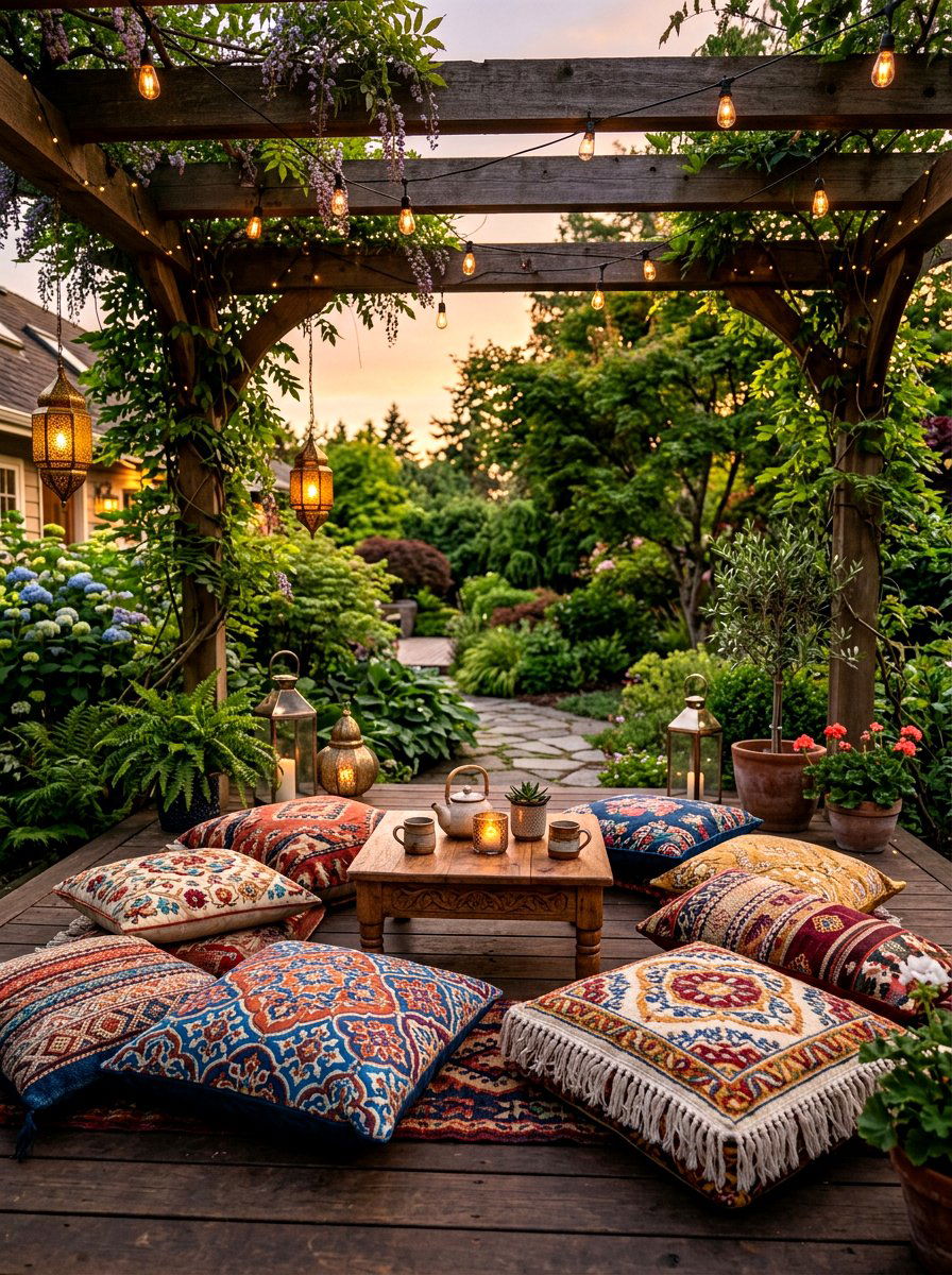 Pergola floor cushions - 30 pergola seating ideas